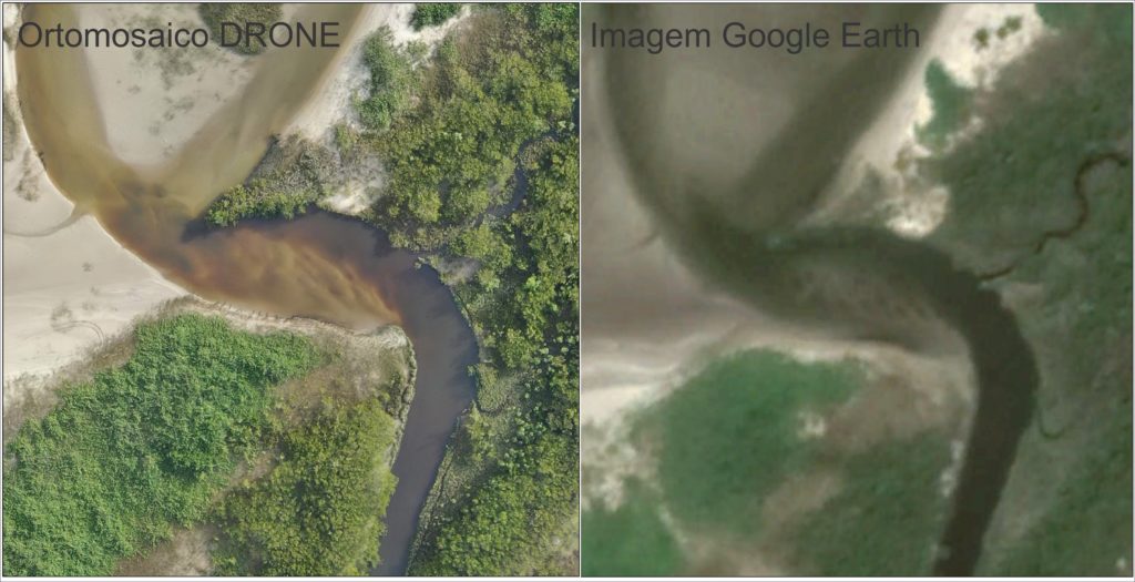Comparativo entre a resolução de uma imagem gerada com drone e uma imagem disponibilizada no Google Earth Pro. Escala 1:400. Aerokiriri, 2020.