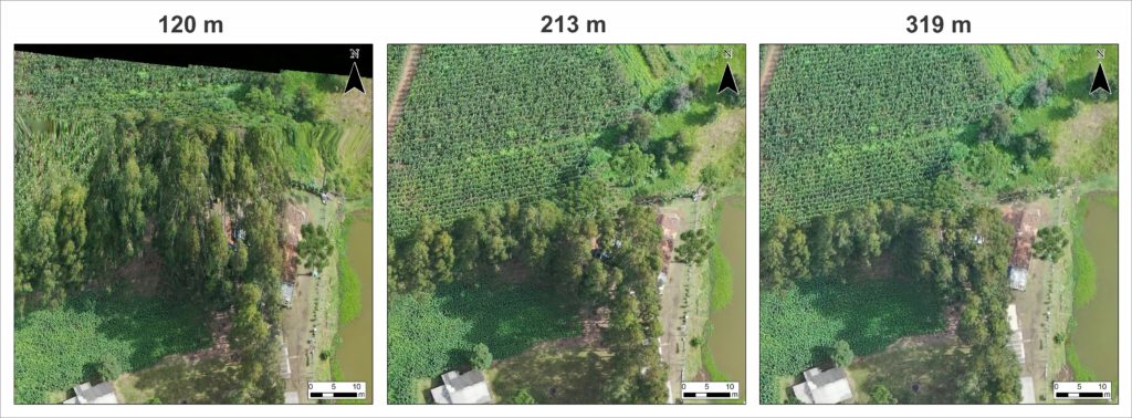 Comparativo de diferentes alturas de voo do Mavic 2 Pro: borda da área de voo. Fonte: Aerokiriri, 2021.