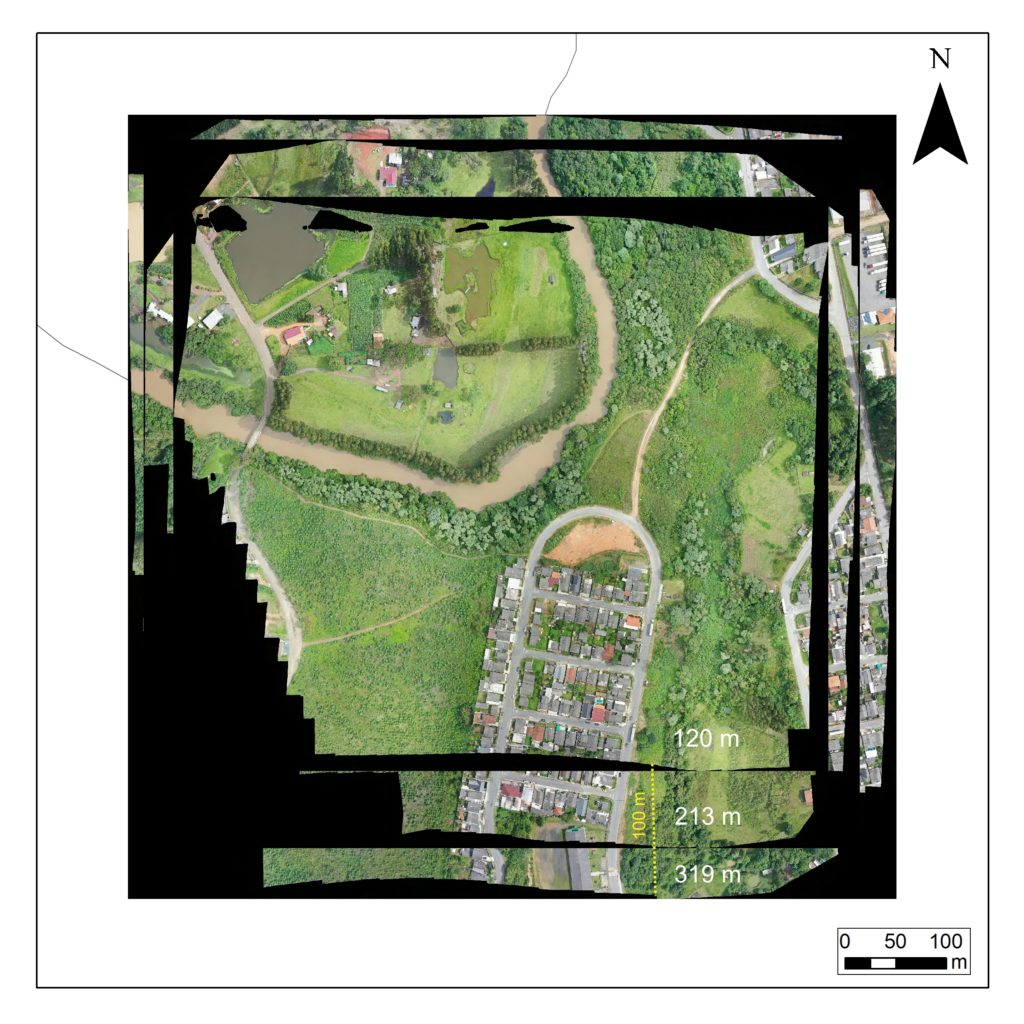 Comparativo de diferentes alturas de voo do Mavic 2 Pro: área de voo. Fonte: Aerokiriri, 2021.