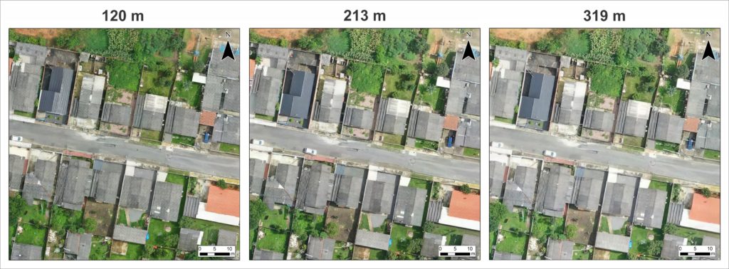 Comparativo de diferentes alturas de voo do Mavic 2 Pro: área residencial. Fonte: Aerokiriri, 2021.